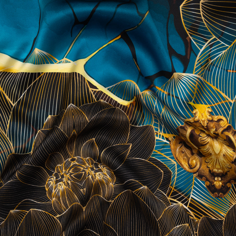 Silk Charmeuse Panel 16MM, Made in Italy - Turquoise, Teal and Gold Linework Flowers and Gemstones Drape