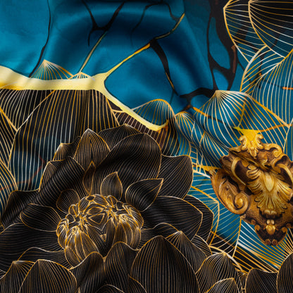 Silk Charmeuse Panel 16MM, Made in Italy - Turquoise, Teal and Gold Linework Flowers and Gemstones Drape