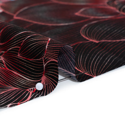 Silk Charmeuse Panel 16MM, Made in Italy - Dark Berry Pink, Coppy Oxide Green and Black Linework Flowers and Gemstones Full