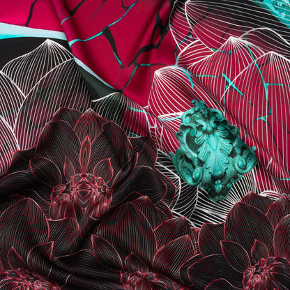 Silk Charmeuse Panel 16MM, Made in Italy - Dark Berry Pink, Coppy Oxide Green and Black Linework Flowers and Gemstones Drape