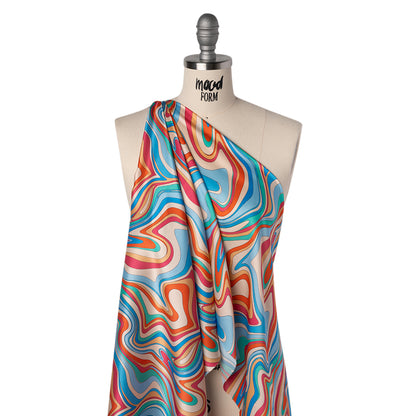 Silk Charmeuse Print 16MM, Made in Italy - Blue, Orange and Pink Retro Swirls Folded