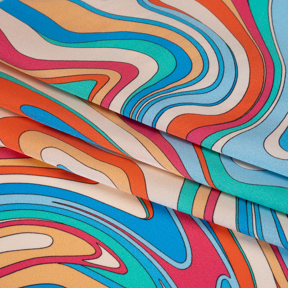 Silk Charmeuse Print 16MM, Made in Italy - Blue, Orange and Pink Retro Swirls Detail