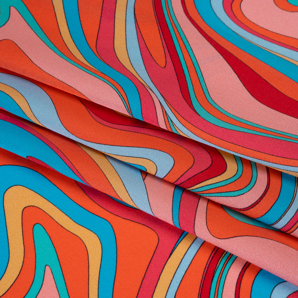 Silk Charmeuse Print 16MM, Made in Italy - Orange, Red and Blue Retro Swirls Detail