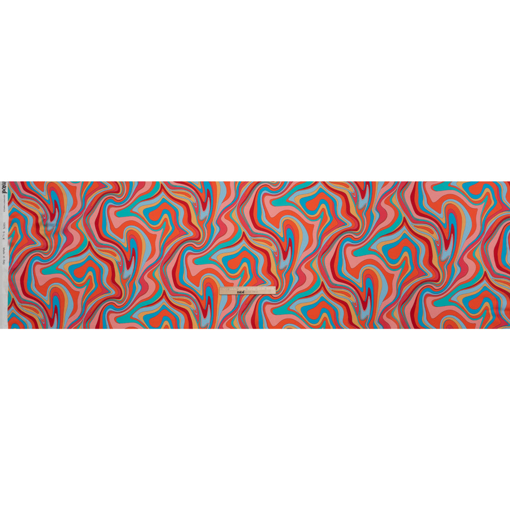 Silk Charmeuse Print 16MM, Made in Italy - Orange, Red and Blue Retro Swirls - Full - Image 5 of 6