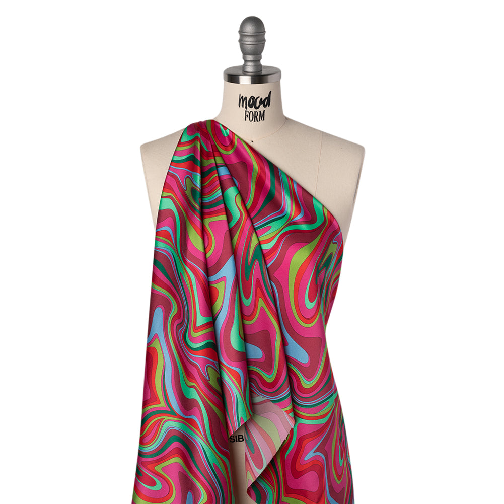 Silk Charmeuse Print 16MM, Made in Italy - Bright Pink, Red and Green Retro Swirls - Folded