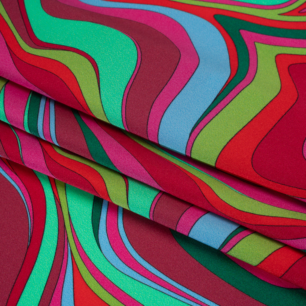 Silk Charmeuse Print 16MM, Made in Italy - Bright Pink, Red and Green Retro Swirls - Detail