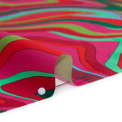 Silk Charmeuse Print 16MM, Made in Italy - Bright Pink, Red and Green Retro Swirls