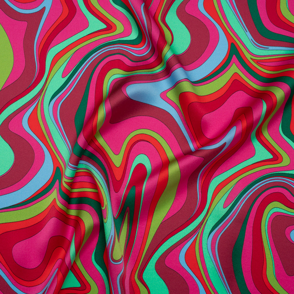 Silk Charmeuse Print 16MM, Made in Italy - Bright Pink, Red and Green Retro Swirls - Drape
