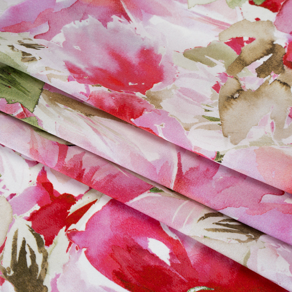 Silk Charmeuse Print 16MM, Made in Italy - Red, Pink and Green Watercolor Flower Garden - Detail