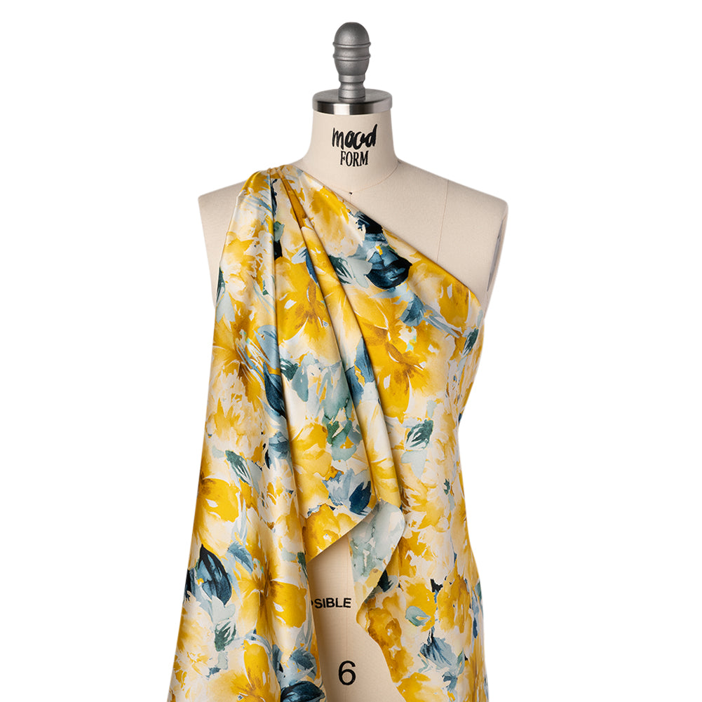 Silk Charmeuse Print 16MM, Made in Italy - Yellow and Dark Teal Watercolor Flower Garden Folded