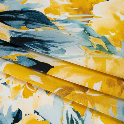 Silk Charmeuse Print 16MM, Made in Italy - Yellow and Dark Teal Watercolor Flower Garden Detail