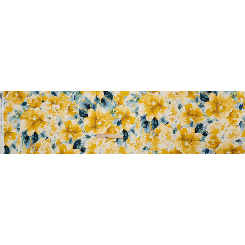 Silk Charmeuse Print 16MM, Made in Italy - Yellow and Dark Teal Watercolor Flower Garden - Full - Image 5 of 6