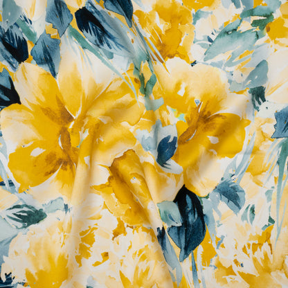 Silk Charmeuse Print 16MM, Made in Italy - Yellow and Dark Teal Watercolor Flower Garden Drape