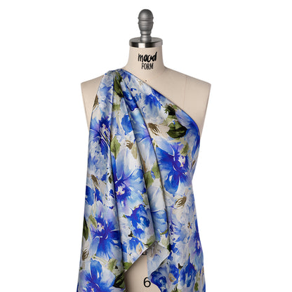Silk Charmeuse Print 16MM, Made in Italy - Ultramarine Blue and Olive Green Watercolor Flower Garden Folded