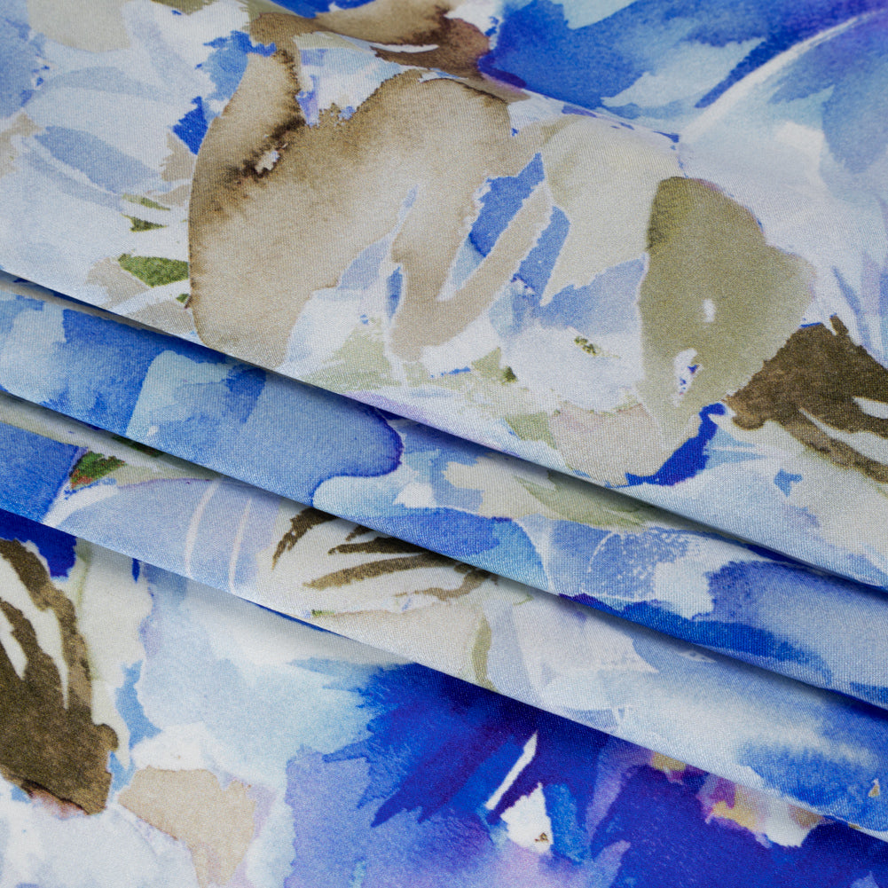 Silk Charmeuse Print 16MM, Made in Italy - Ultramarine Blue and Olive Green Watercolor Flower Garden Detail