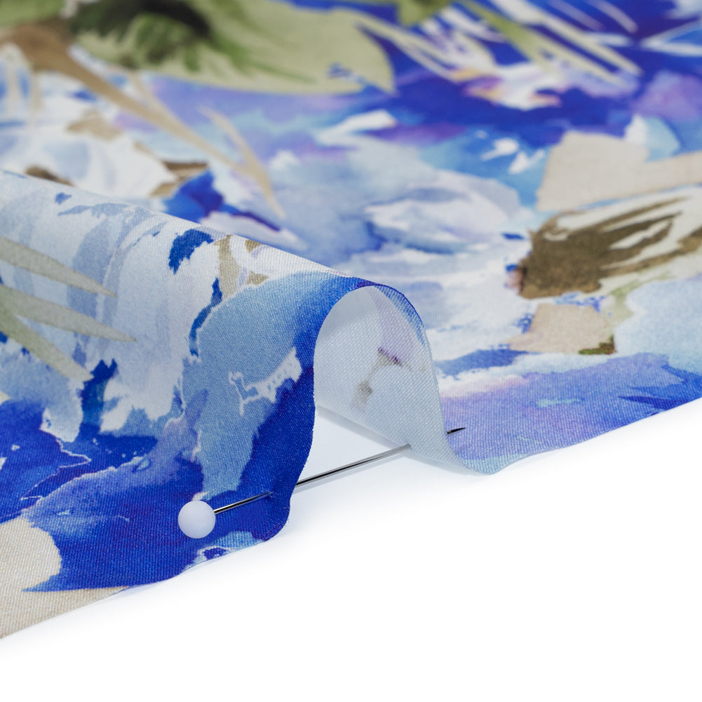 Silk Charmeuse Print 16MM, Made in Italy - Ultramarine Blue and Olive Green Watercolor Flower Garden Full