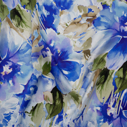 Silk Charmeuse Print 16MM, Made in Italy - Ultramarine Blue and Olive Green Watercolor Flower Garden Drape