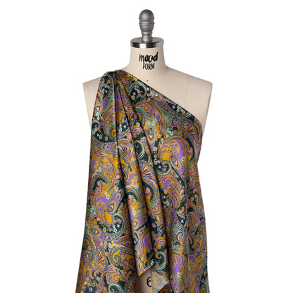 Silk Charmeuse Print 16MM, Made in Italy - Marigold Yellow, Light Purple and Mint Green Fancy Paisley