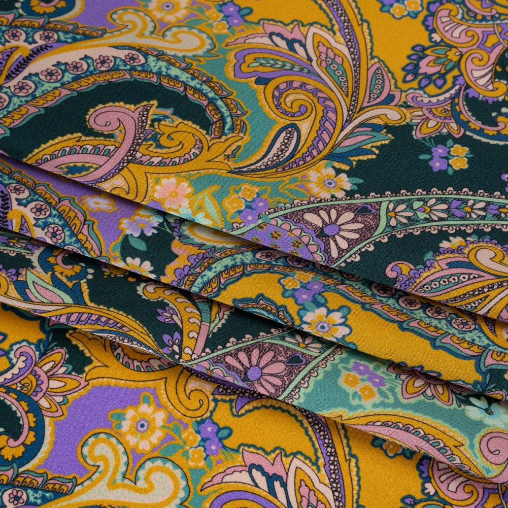 Silk Charmeuse Print 16MM, Made in Italy - Marigold Yellow, Light Purple and Mint Green Fancy Paisley - Detail