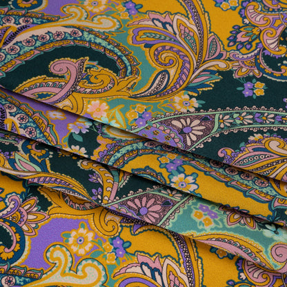 Silk Charmeuse Print 16MM, Made in Italy - Marigold Yellow, Light Purple and Mint Green Fancy Paisley