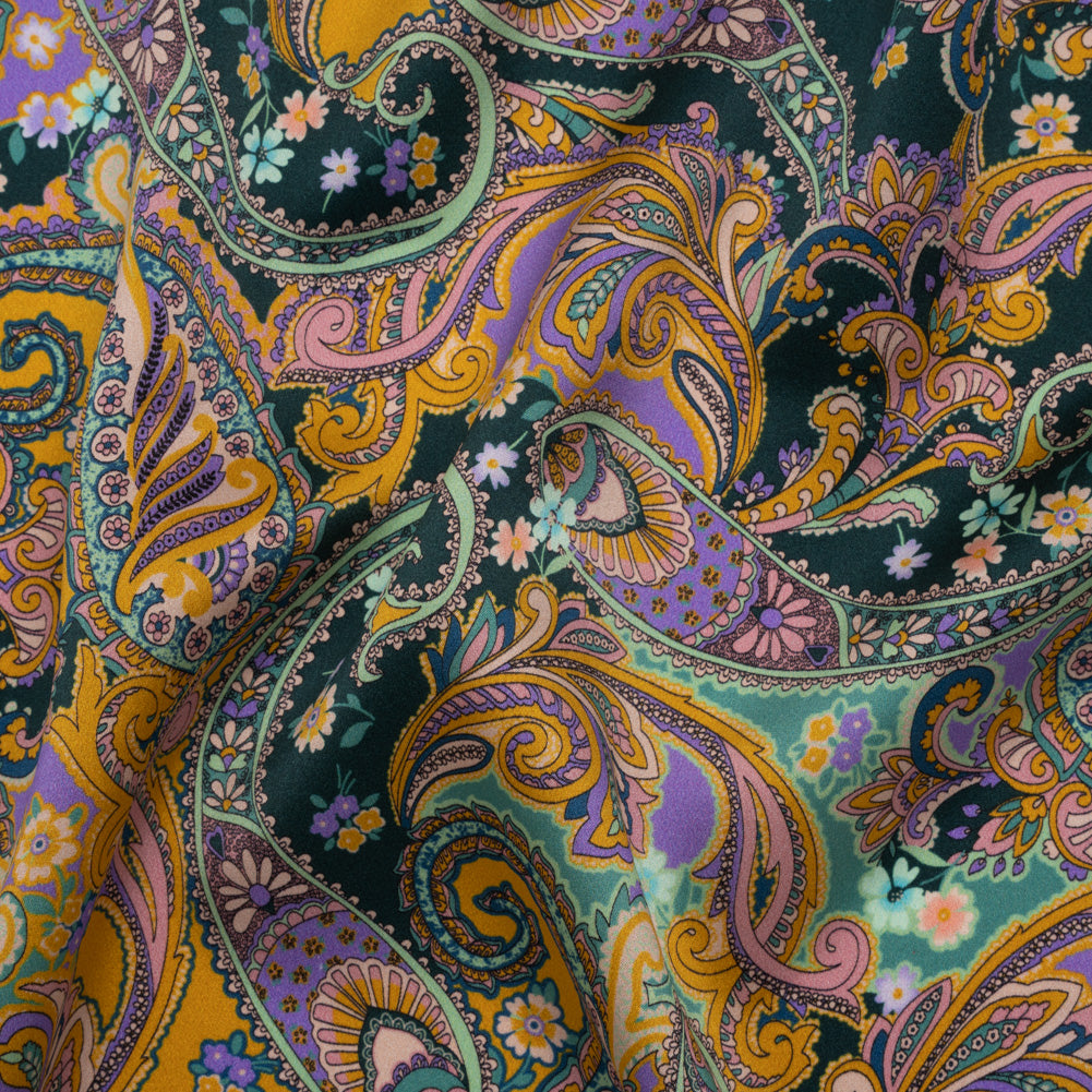 Silk Charmeuse Print 16MM, Made in Italy - Marigold Yellow, Light Purple and Mint Green Fancy Paisley - Drape