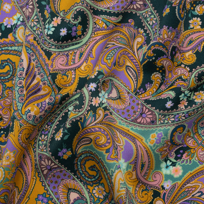 Silk Charmeuse Print 16MM, Made in Italy - Marigold Yellow, Light Purple and Mint Green Fancy Paisley