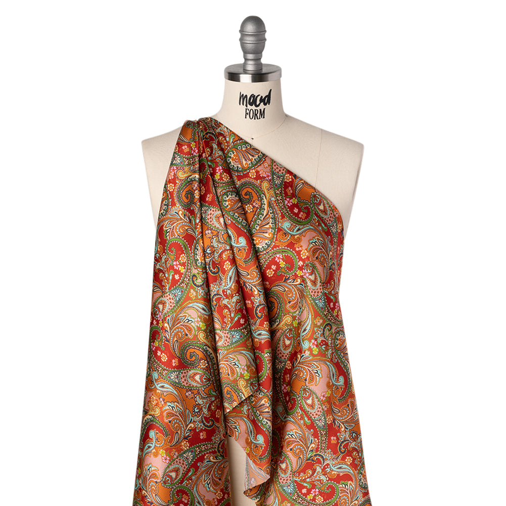 Silk Charmeuse Print 16MM, Made in Italy - Red, Orange and Green Fancy Paisley - Folded