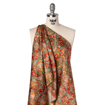 Silk Charmeuse Print 16MM, Made in Italy - Red, Orange and Green Fancy Paisley