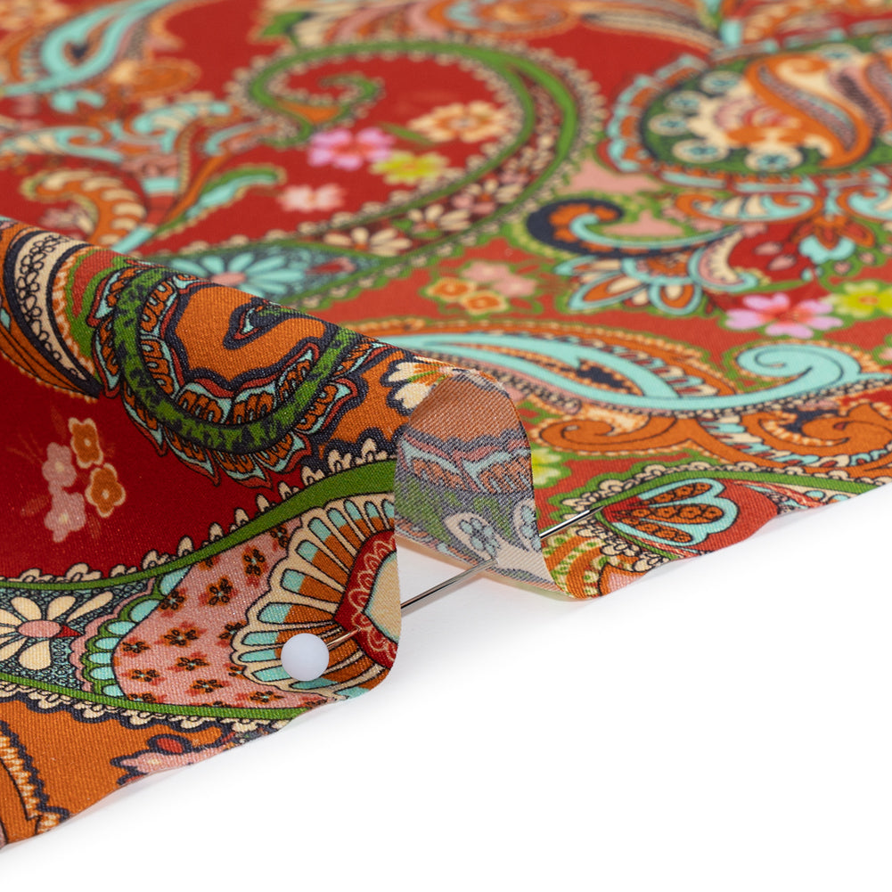 Silk Charmeuse Print 16MM, Made in Italy - Red, Orange and Green Fancy Paisley - Full - Image 4 of 6