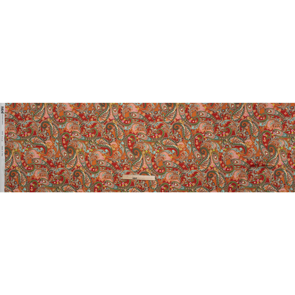 Silk Charmeuse Print 16MM, Made in Italy - Red, Orange and Green Fancy Paisley - Full - Image 5 of 6