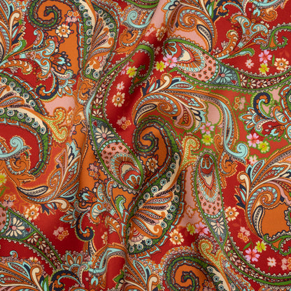 Silk Charmeuse Print 16MM, Made in Italy - Red, Orange and Green Fancy Paisley