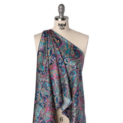 Silk Charmeuse Print 16MM, Made in Italy - Dark Turquoise, Blue and Berry Pink Fancy Paisley