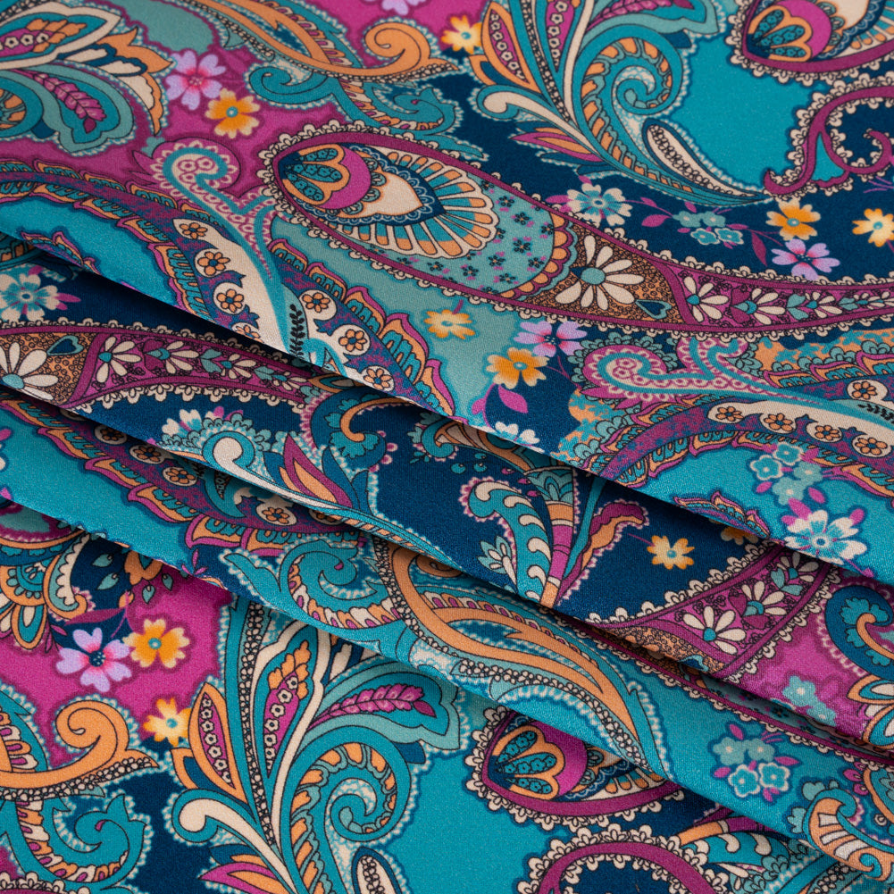 Silk Charmeuse Print 16MM, Made in Italy - Dark Turquoise, Blue and Berry Pink Fancy Paisley - Detail