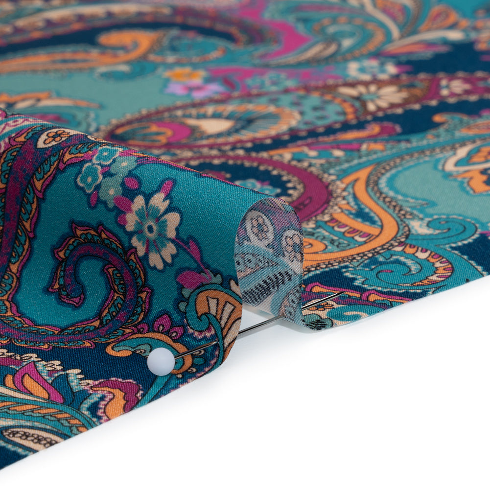 Silk Charmeuse Print 16MM, Made in Italy - Dark Turquoise, Blue and Berry Pink Fancy Paisley - Full
