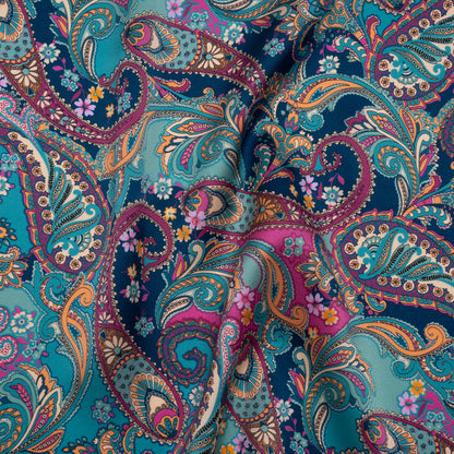 Silk Charmeuse Print 16MM, Made in Italy - Dark Turquoise, Blue and Berry Pink Fancy Paisley