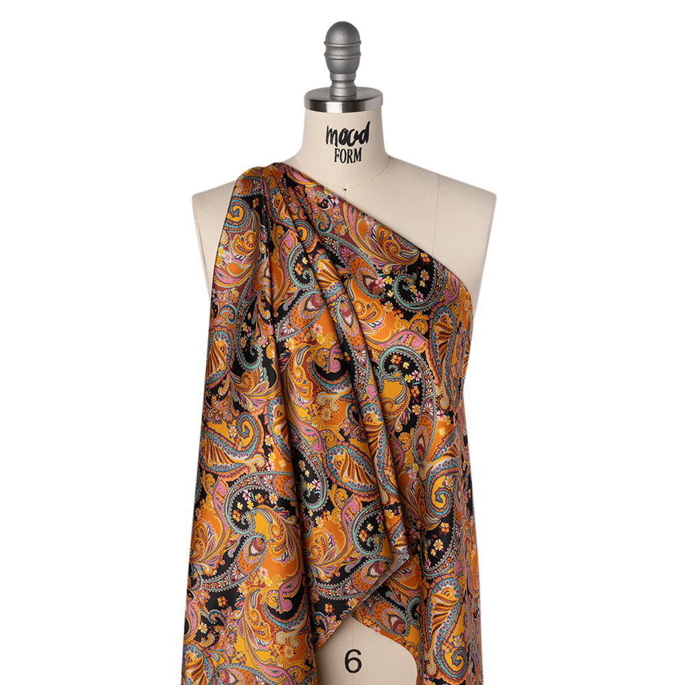 Silk Charmeuse Print 16MM, Made in Italy - Golden Orange, Mint and Black Fancy Paisley - Folded
