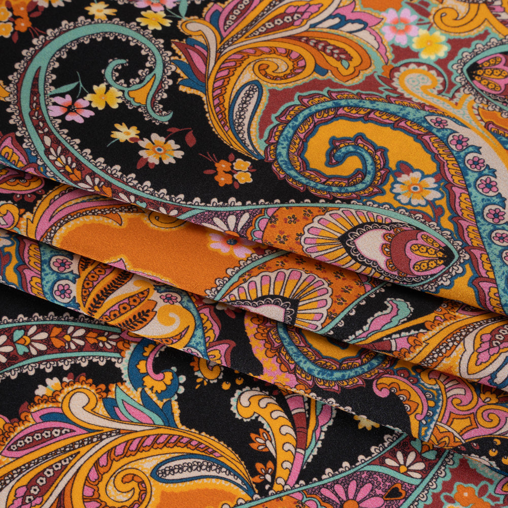 Silk Charmeuse Print 16MM, Made in Italy - Golden Orange, Mint and Black Fancy Paisley - Detail