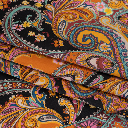 Silk Charmeuse Print 16MM, Made in Italy - Golden Orange, Mint and Black Fancy Paisley