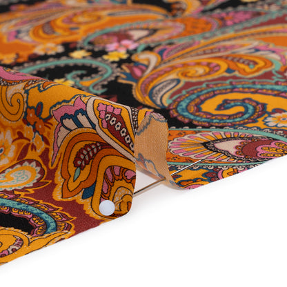 Silk Charmeuse Print 16MM, Made in Italy - Golden Orange, Mint and Black Fancy Paisley