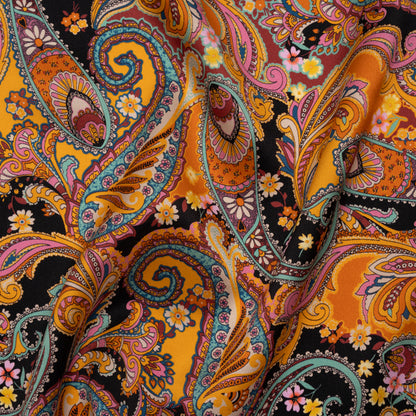 Silk Charmeuse Print 16MM, Made in Italy - Golden Orange, Mint and Black Fancy Paisley