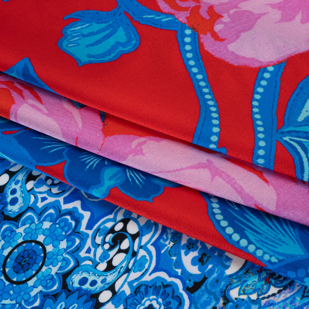 Silk Charmeuse Print 16MM, Made in Italy - Red, Blue and Gold Floral and Abstract Stripes Detail