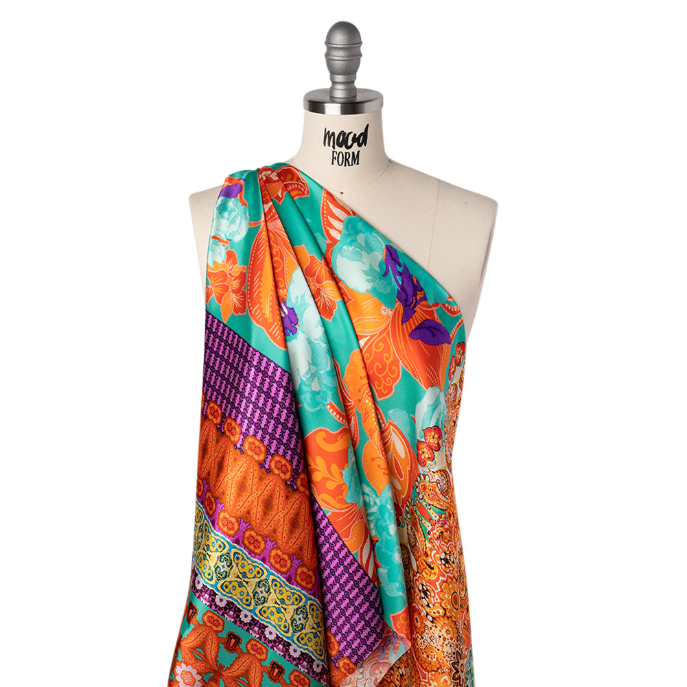 Silk Charmeuse Print 16MM, Made in Italy - Orange, Dark Mint and Purple Floral and Abstract Stripes - Folded
