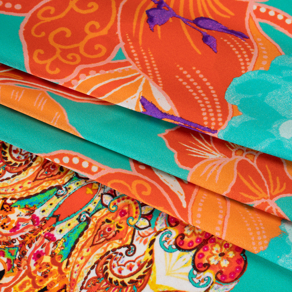 Silk Charmeuse Print 16MM, Made in Italy - Orange, Dark Mint and Purple Floral and Abstract Stripes - Detail