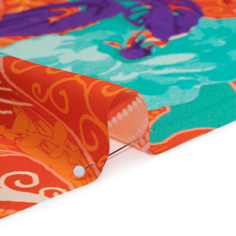 Silk Charmeuse Print 16MM, Made in Italy - Orange, Dark Mint and Purple Floral and Abstract Stripes - Full