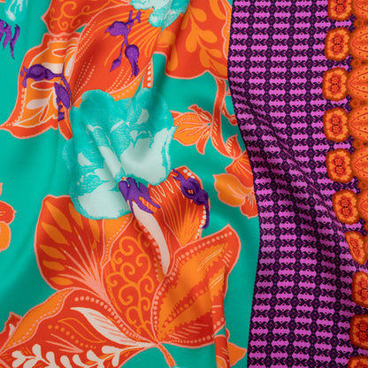 Silk Charmeuse Print 16MM, Made in Italy - Orange, Dark Mint and Purple Floral and Abstract Stripes