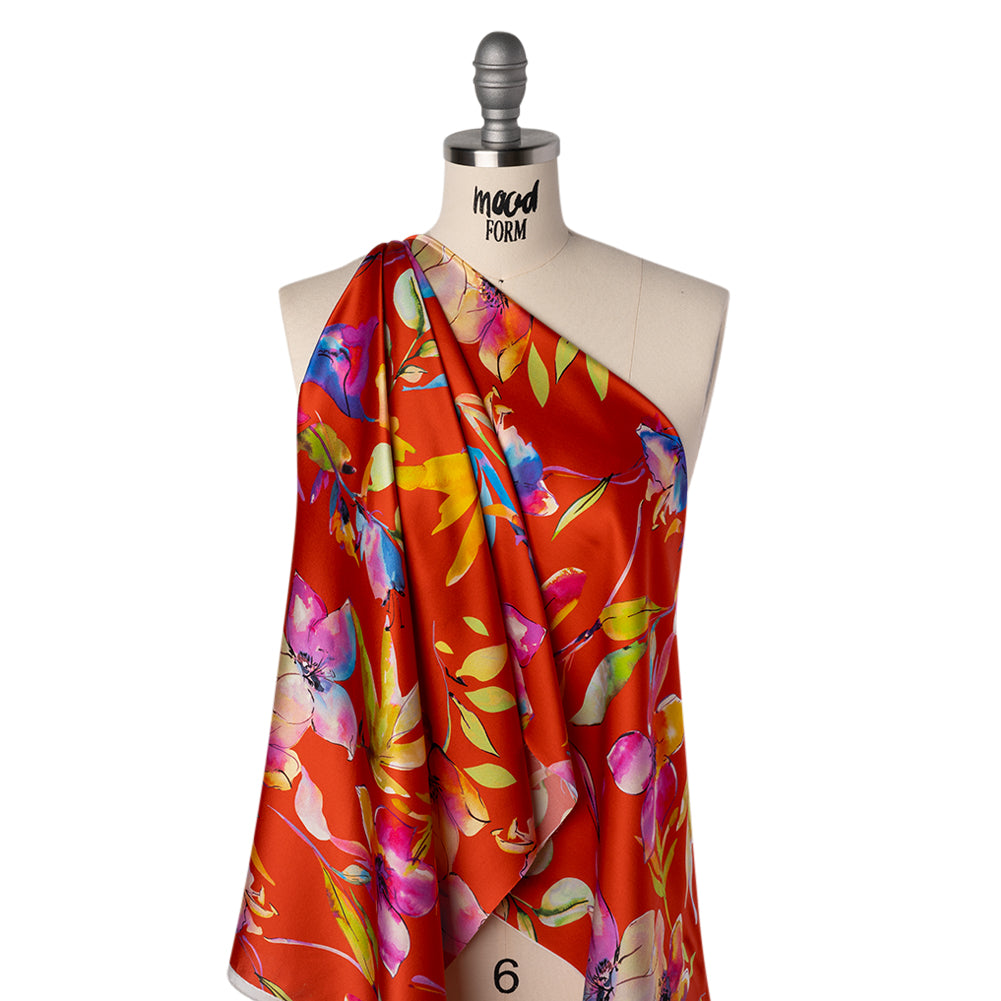 Silk Charmeuse Print 16MM, Made in Italy - Red and Rainbow Illustrated Watercolor Flowers - Folded