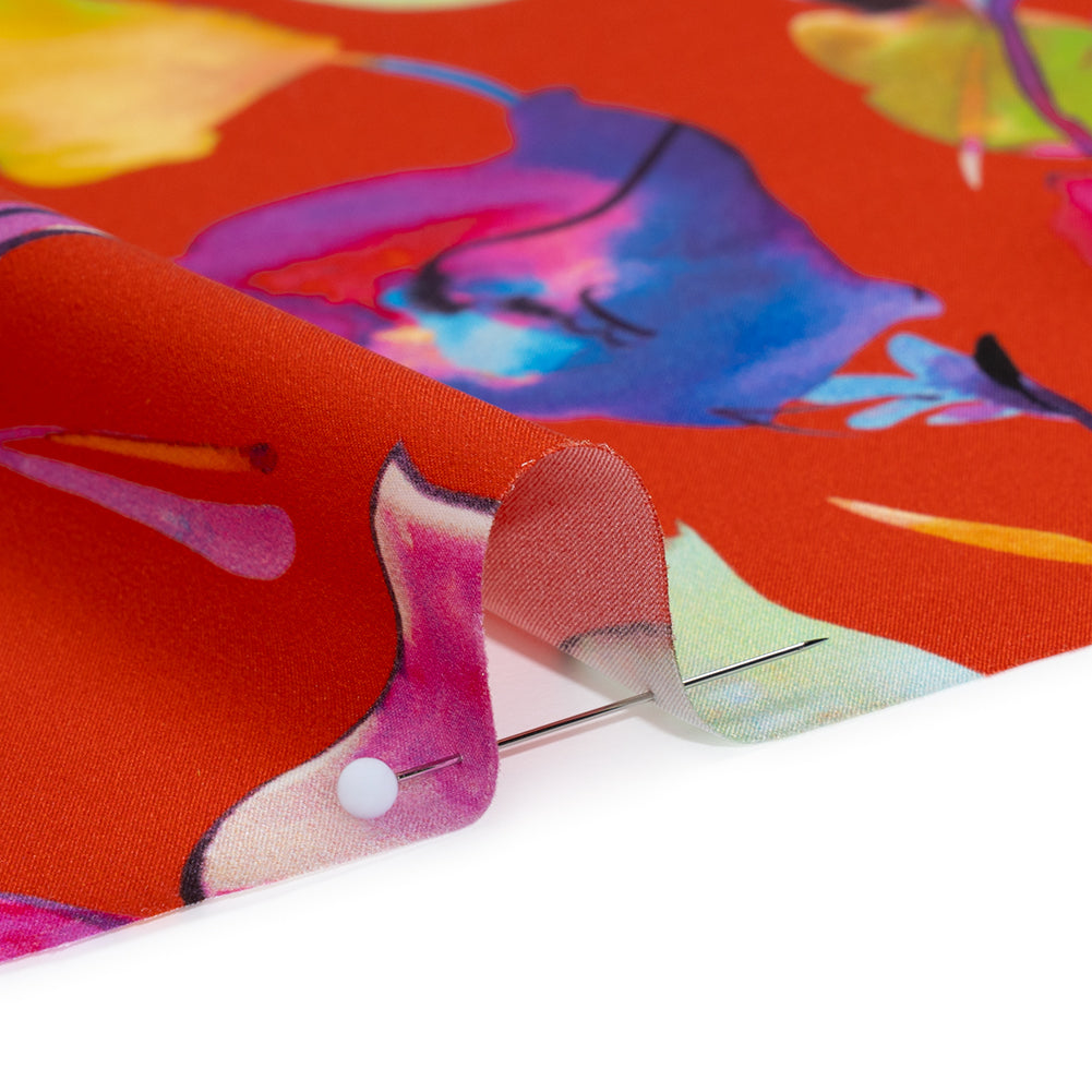 Silk Charmeuse Print 16MM, Made in Italy - Red and Rainbow Illustrated Watercolor Flowers - Full - Image 4 of 6
