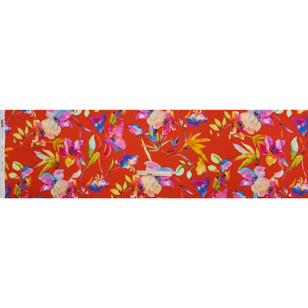 Silk Charmeuse Print 16MM, Made in Italy - Red and Rainbow Illustrated Watercolor Flowers - Full - Image 5 of 6