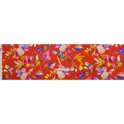 Silk Charmeuse Print 16MM, Made in Italy - Red and Rainbow Illustrated Watercolor Flowers