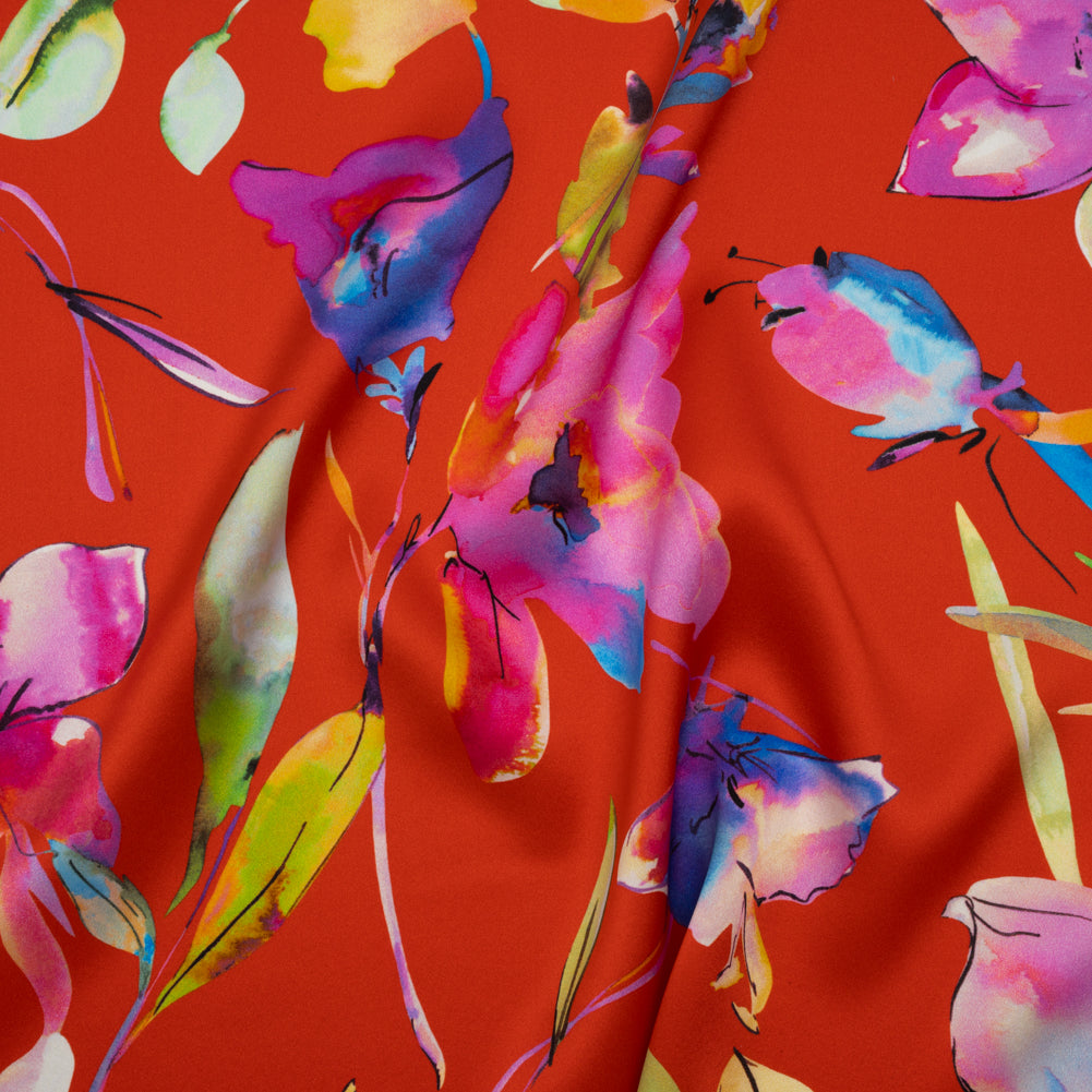 Silk Charmeuse Print 16MM, Made in Italy - Red and Rainbow Illustrated Watercolor Flowers - Drape